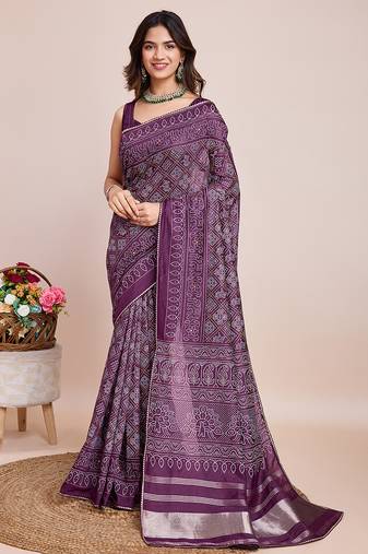 Purple weaving jari pallu,bandhani printed cotton silk saree with blouse piece