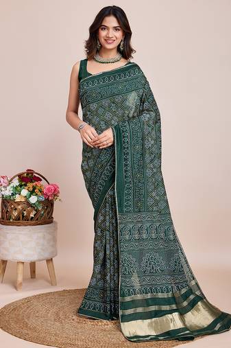 Green weaving jari pallu,bandhani printed cotton silk saree with blouse piece