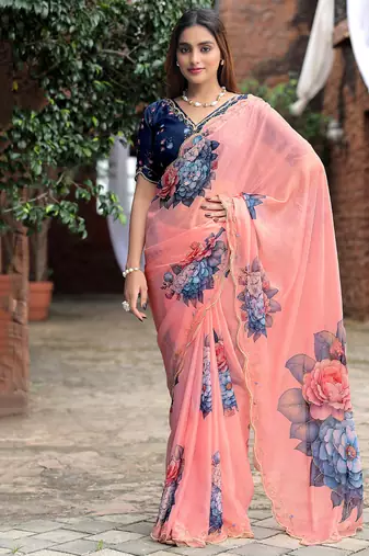 new fendy silk pink hand work saree with contrast blouse