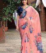 new fendy silk pink hand work saree with contrast blouse