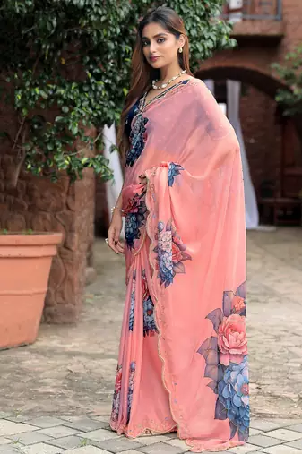 new fendy silk pink hand work saree with contrast blouse