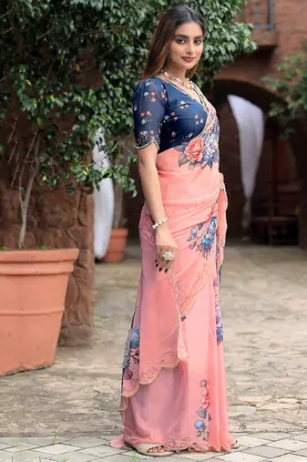 new fendy silk pink hand work saree with contrast blouse