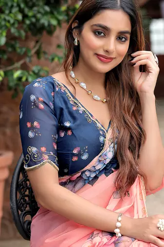 new fendy silk pink hand work saree with contrast blouse