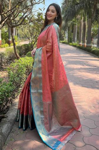 Peach Woven designer tissue silk saree with blouse piece