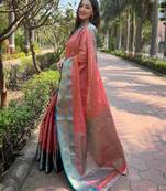 Peach Woven designer tissue silk saree with blouse piece