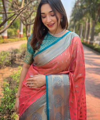 Peach Woven designer tissue silk saree with blouse piece 3