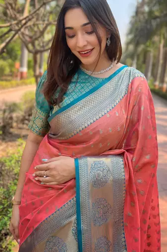 Peach Woven designer tissue silk saree with blouse piece