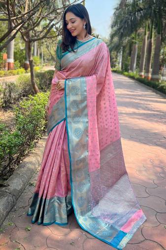 Pink Woven designer tissue silk saree with blouse piece