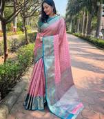 Pink Woven designer tissue silk saree with blouse piece