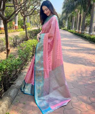 Pink Woven designer tissue silk saree with blouse piece 2