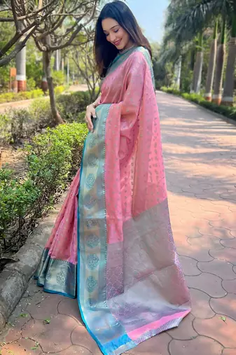 Pink Woven designer tissue silk saree with blouse piece