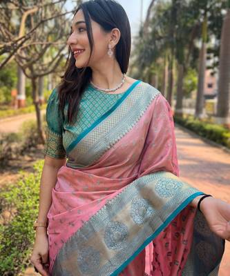 Pink Woven designer tissue silk saree with blouse piece 3