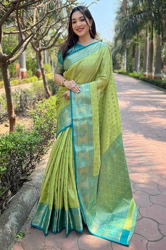 Pista Woven designer tissue silk saree with blouse piece