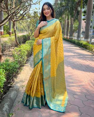 Yellow Woven designer tissue silk saree with blouse piece 1