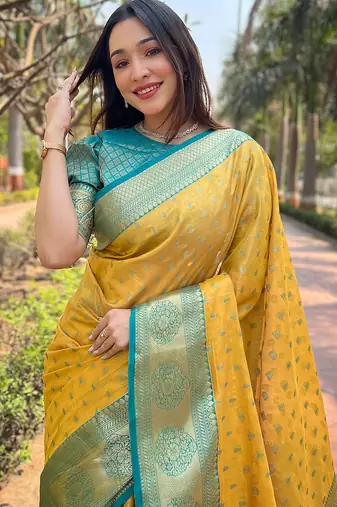 Yellow Woven designer tissue silk saree with blouse piece