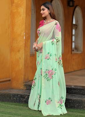 new fendy silk sky blue hand work saree with contrast blouse 2