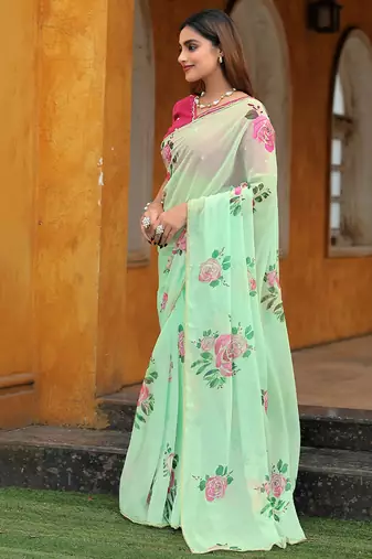 new fendy silk sky blue hand work saree with contrast blouse