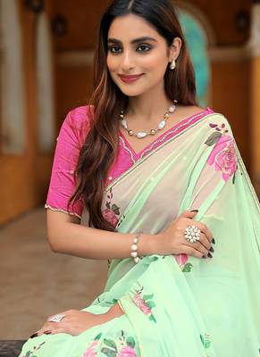 new fendy silk sky blue hand work saree with contrast blouse 4