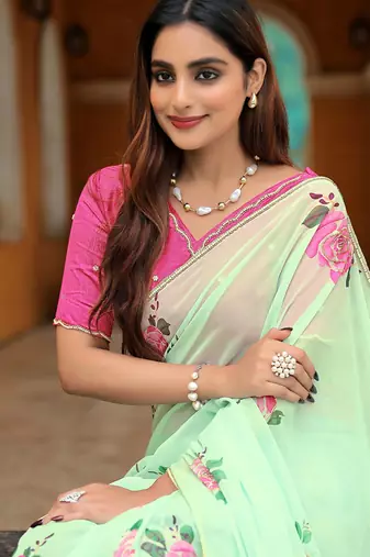 new fendy silk sky blue hand work saree with contrast blouse