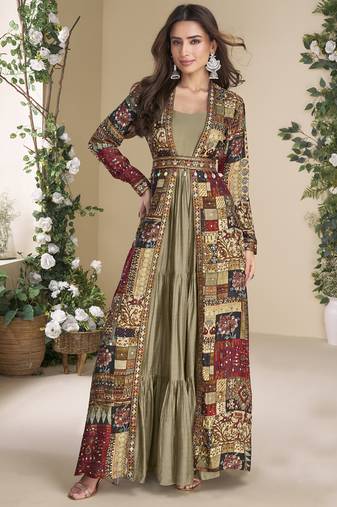 Beige georgette embroidered gown with silk sturg