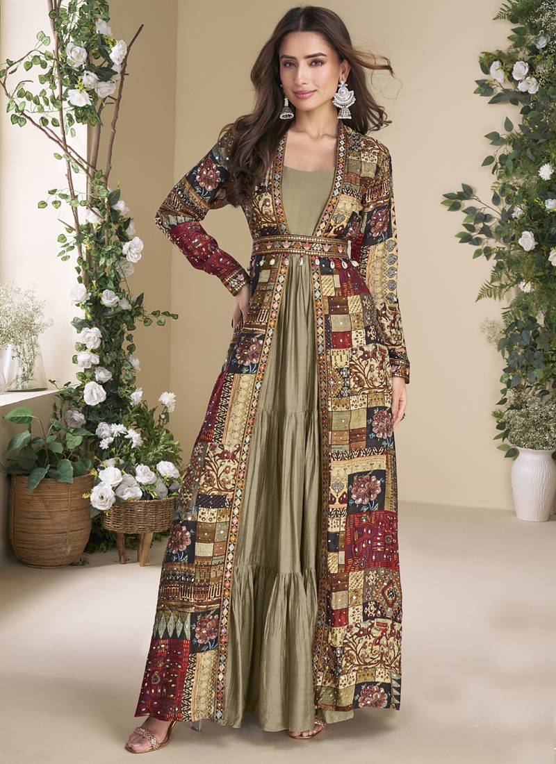 Beige georgette embroidered gown with silk sturg