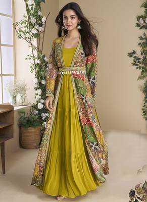 Mustard georgette embroidered gown with silk sturg 1