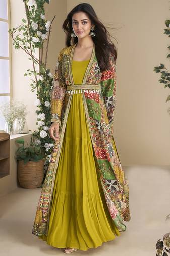 Mustard georgette embroidered gown with silk sturg
