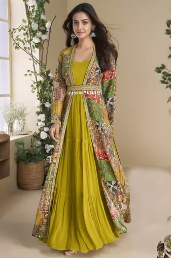 Mustard georgette embroidered gown with silk sturg