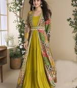 Mustard georgette embroidered gown with silk sturg