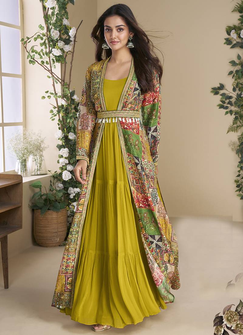Mustard georgette embroidered gown with silk sturg