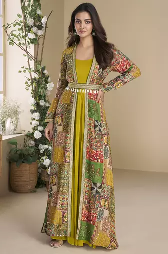 Mustard georgette embroidered gown with silk sturg