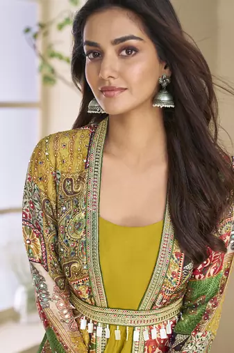 Mustard georgette embroidered gown with silk sturg
