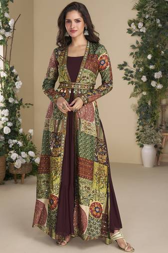Brown georgette embroidered gown with silk sturg