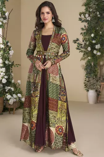 Brown georgette embroidered gown with silk sturg