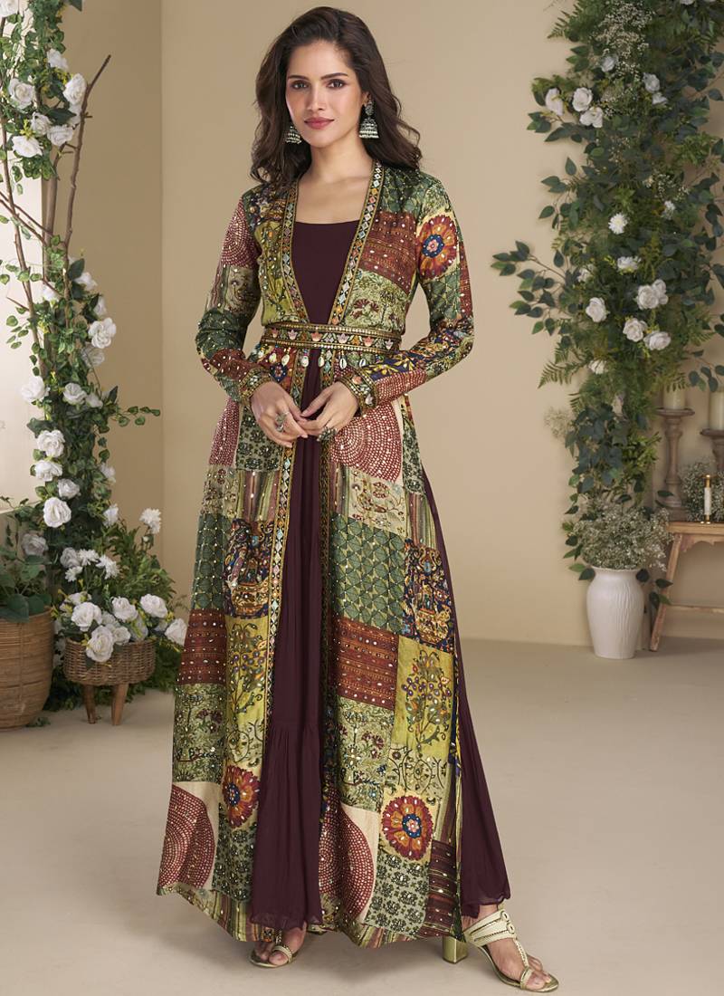 Brown georgette embroidered gown with silk sturg