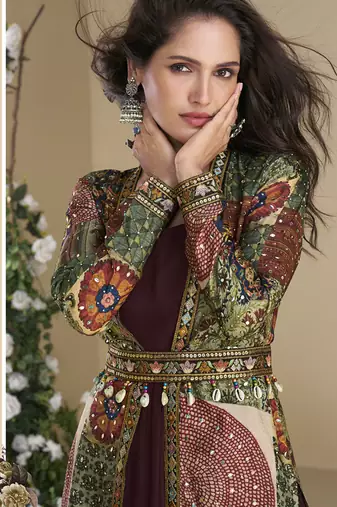 Brown georgette embroidered gown with silk sturg