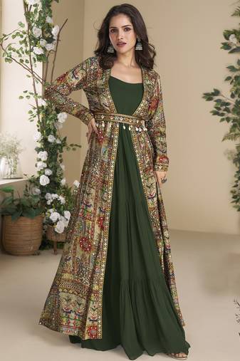 Green georgette embroidered gown with silk sturg