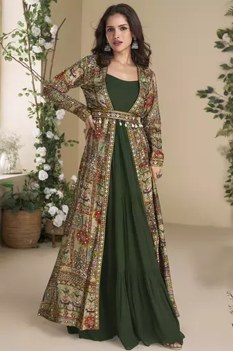 Green georgette embroidered gown with silk sturg