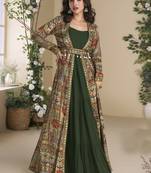 Green georgette embroidered gown with silk sturg