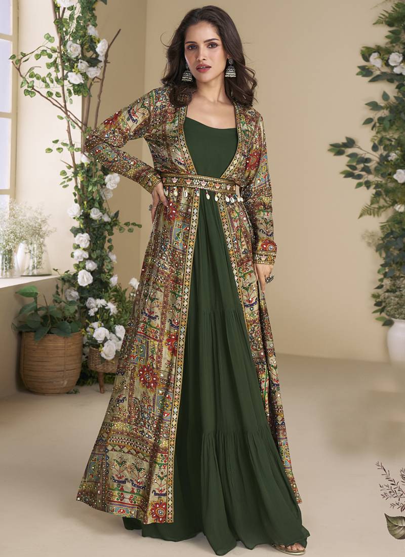 Green georgette embroidered gown with silk sturg