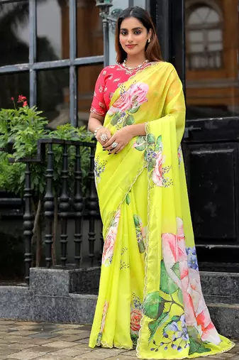 new fendy silk yellow hand work saree with contrast blouse