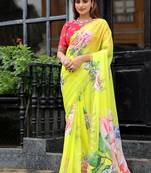 new fendy silk yellow hand work saree with contrast blouse