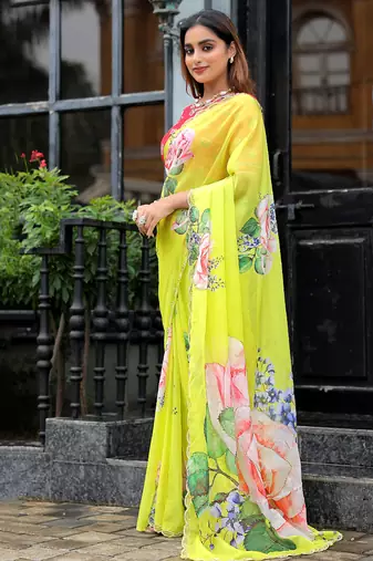 new fendy silk yellow hand work saree with contrast blouse