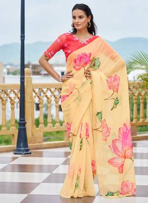 light yellow floral printed saree for women tabby silk 1