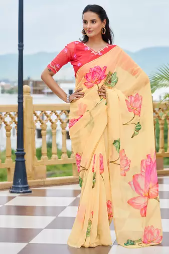 designer light yellow floral printed saree for women tabby silk