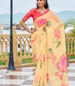 designer light yellow floral printed saree for women tabby silk