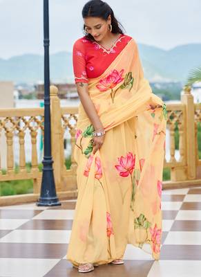 light yellow floral printed saree for women tabby silk 2