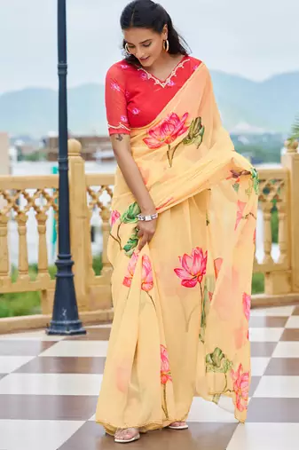  light yellow floral printed saree for women tabby silk