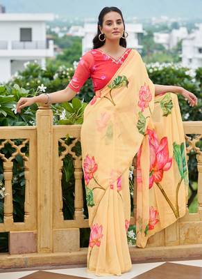 light yellow floral printed saree for women tabby silk 3