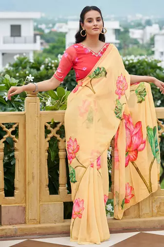 light yellow floral printed saree for women tabby silk